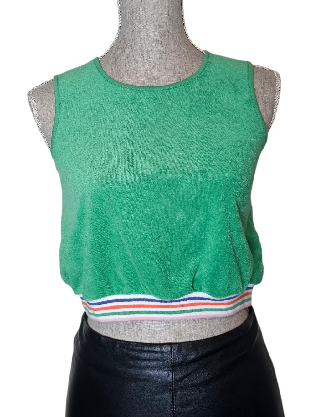 Boden Green Sleeveless Cropped Tank Top with Striped Hem NWT